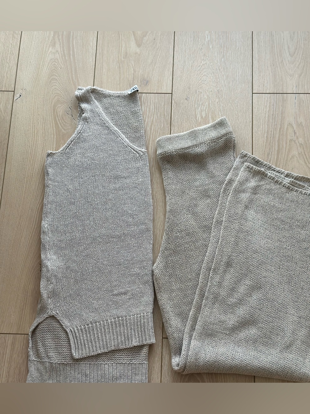 Zara Knit Lounge Set Beige Oatmeal Wide Leg Pants & Sleeveless Tunic Size M